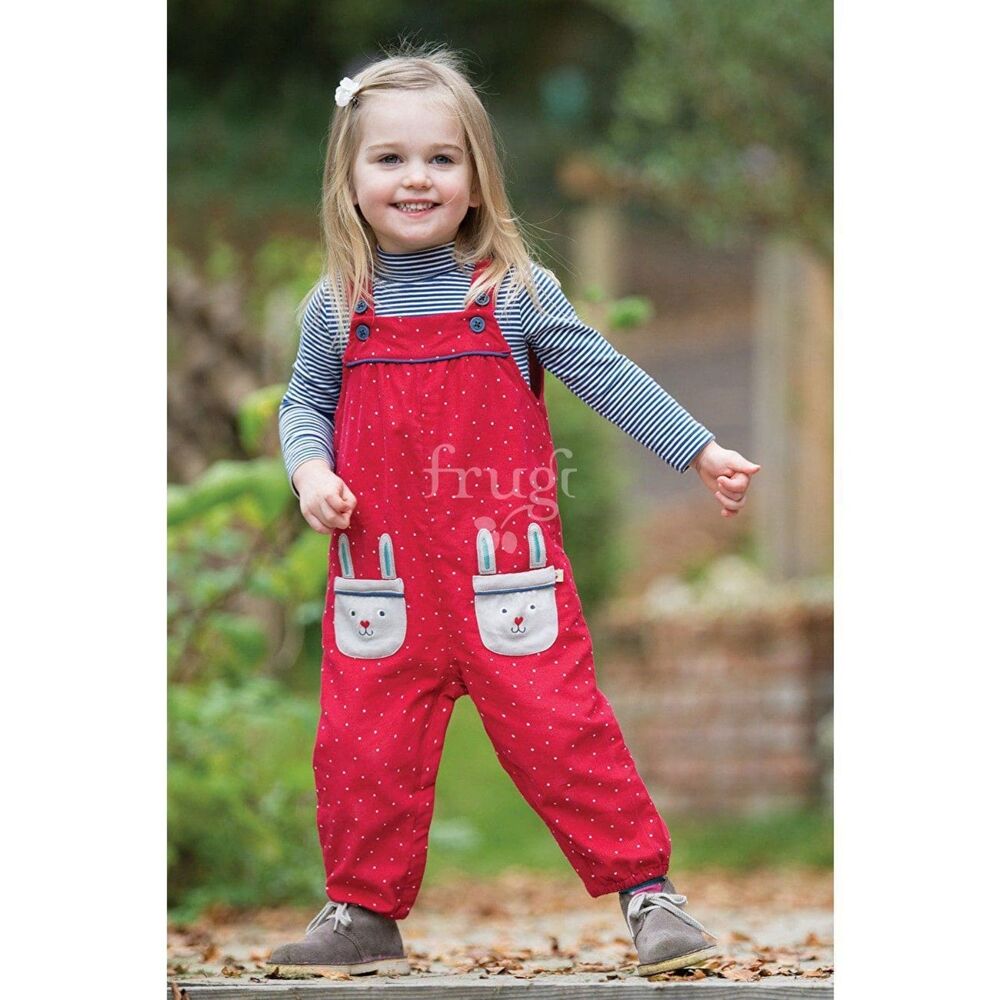 VGUC Frugi Cord Dungaree Mars Red Snowy Spot/Rabbit, 18/24